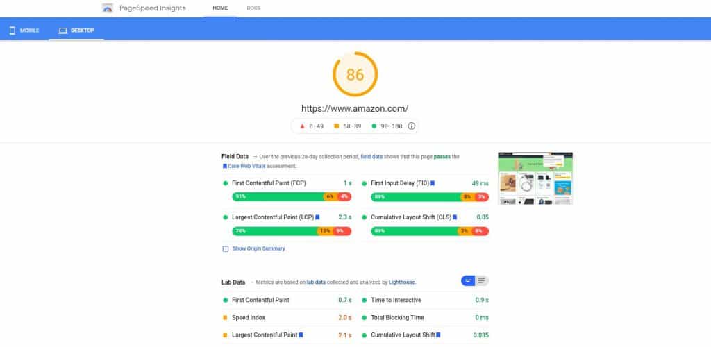 Amazon PageSpeed Insights Score